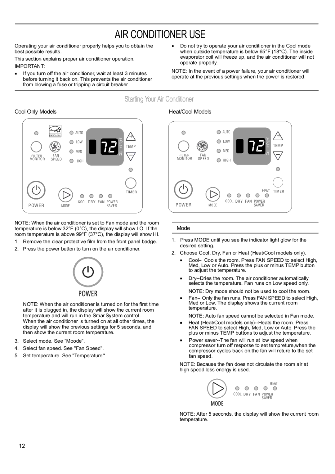 Haier CWH18A, CWH12A, CWH24A manual Starting Your Air Conditioner, Cool Only Models 