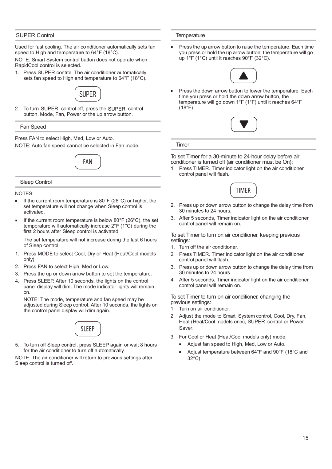 Haier CWH18A, CWH12A, CWH24A manual Super Control, Sleep Control, Timer 