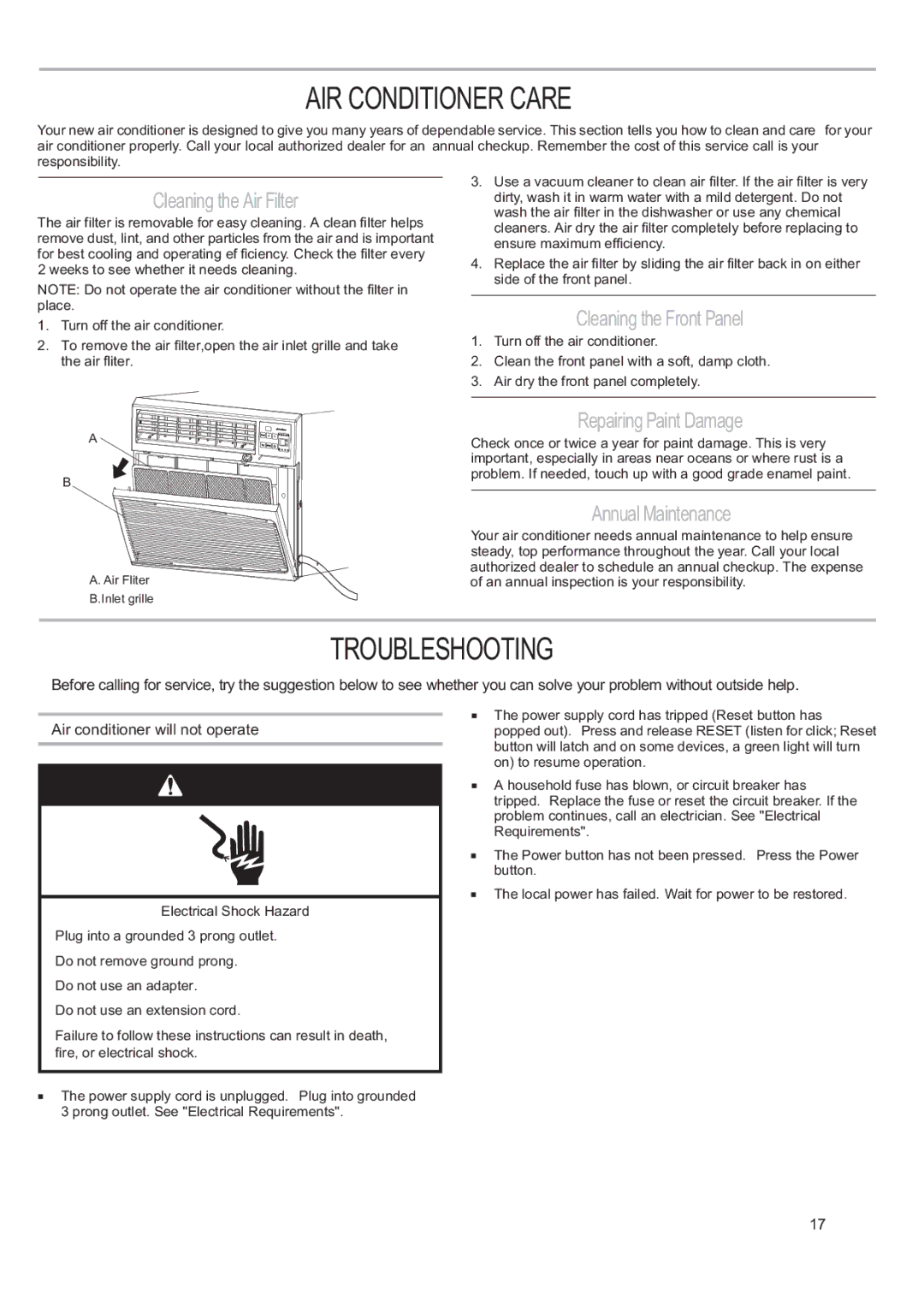 Haier CWH12A, CWH18A, CWH24A Cleaning the Air Filter, Cleaning the Front Panel, Repairing Paint Damage, Annual Maintenance 