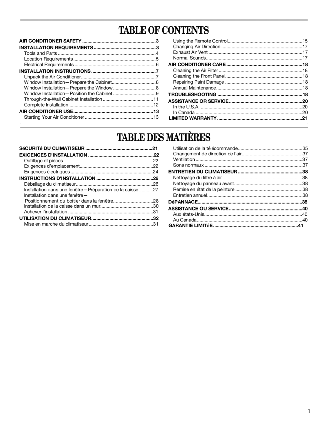 Haier CWH24A, CWH12A, CWH18A manual Table of Contents, Table DES Matières 