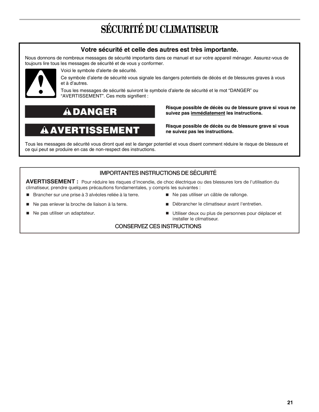 Haier CWH18A, CWH12A, CWH24A manual Sécurité DU Climatiseur, Votre sécurité et celle des autres est très importante 