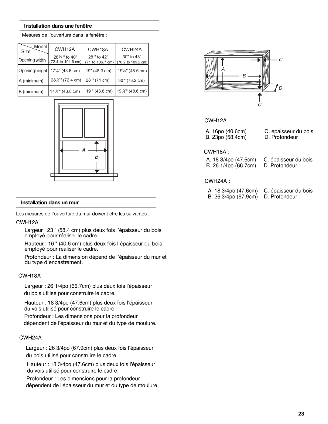 Haier CWH12A, CWH18A, CWH24A manual Installation dans une fenêtre, 23 58,4 cm 