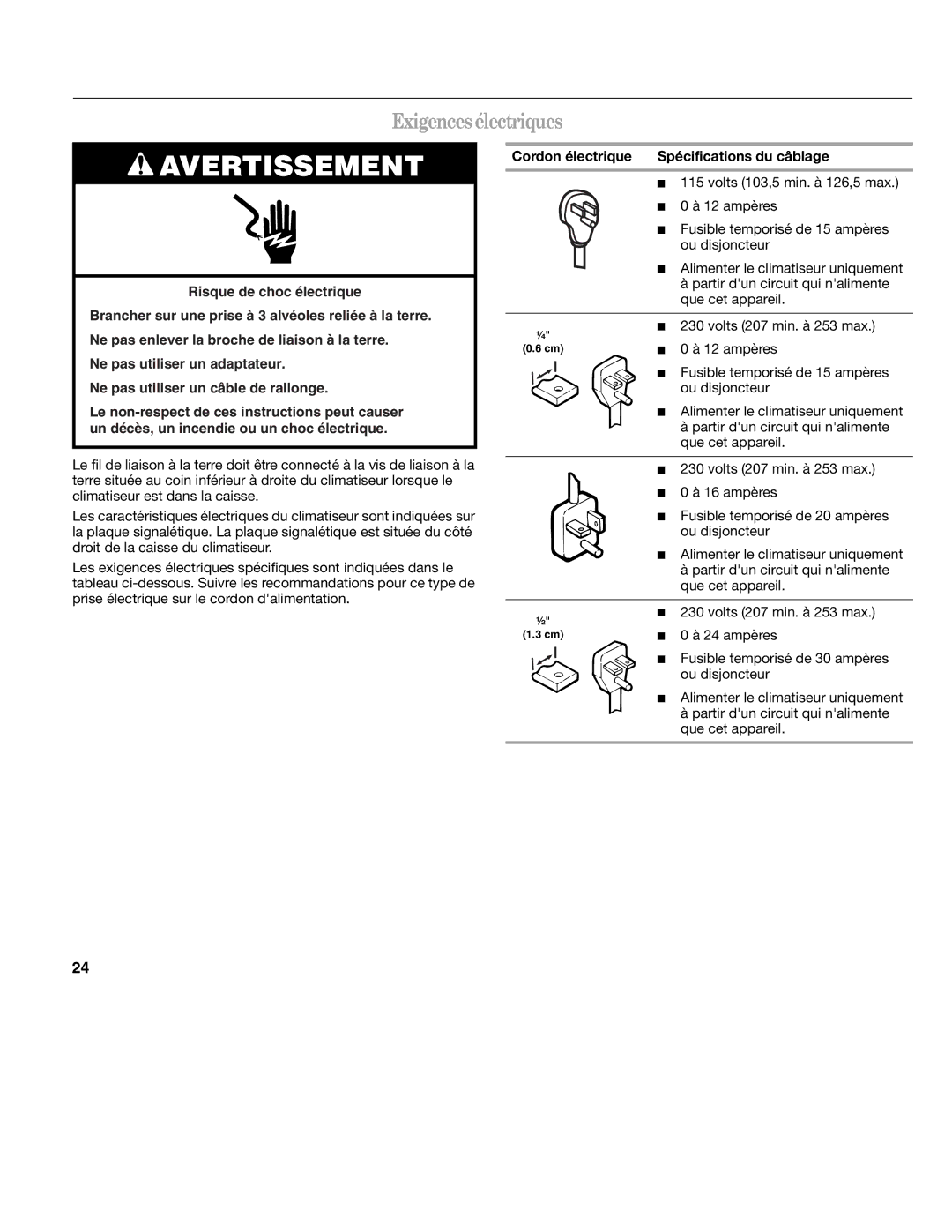 Haier CWH18A, CWH12A, CWH24A manual Exigences électriques 