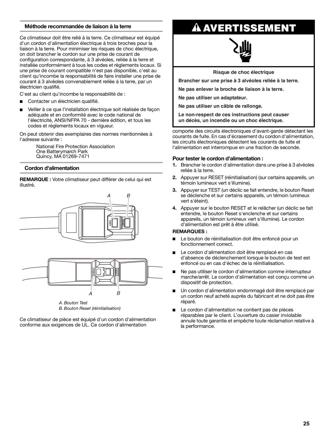 Haier CWH24A, CWH12A Méthode recommandée de liaison à la terre, Cordon dalimentation, Pour tester le cordon dalimentation 