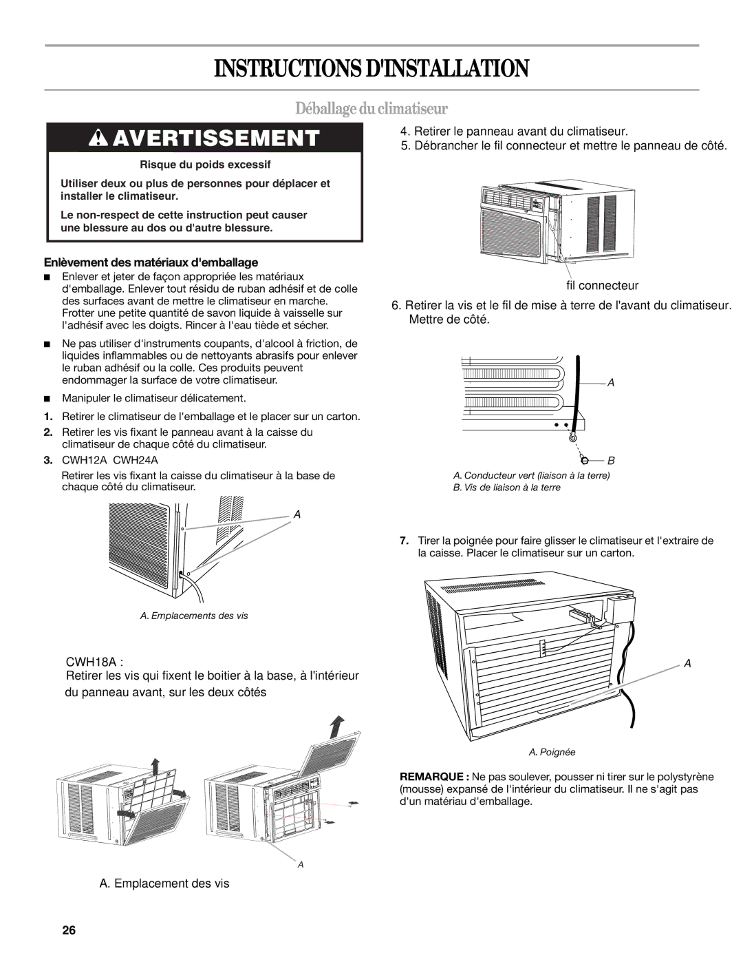 Haier CWH12A, CWH18A, CWH24A manual Instructions Dinstallation, Déballage du climatiseur, Enlèvement des matériaux demballage 