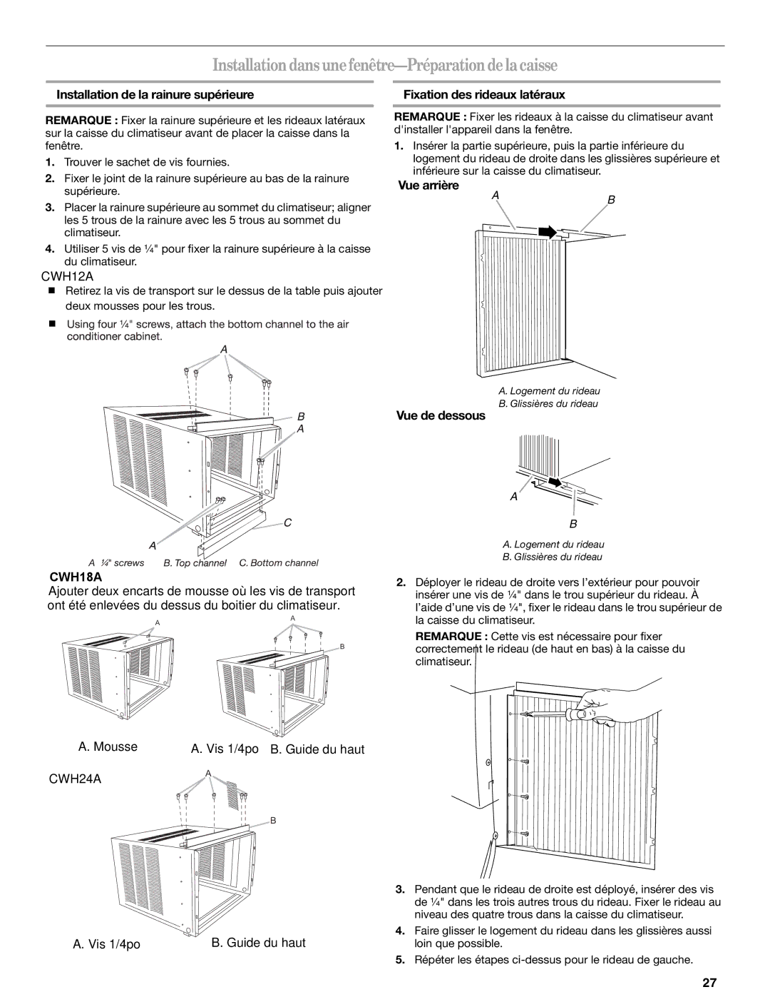 Haier CWH18A, CWH12A, CWH24A manual Installationdans unefenêtre-Préparationde la caisse, Vue arrière, Vue de dessous 