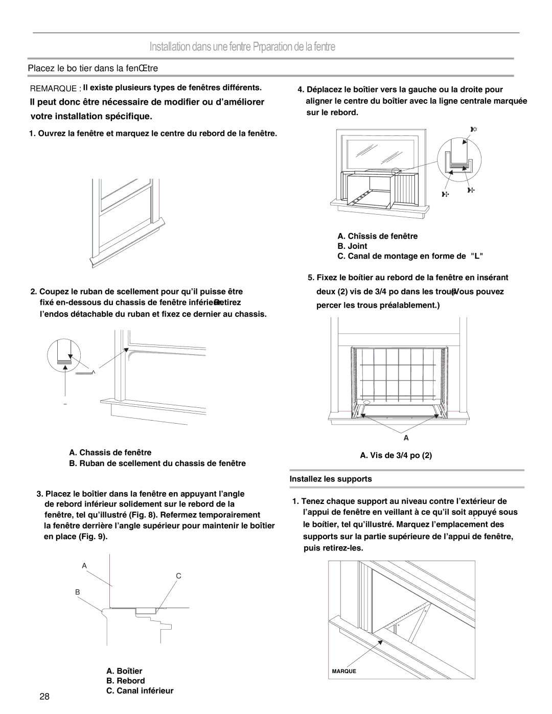 Haier CWH24A, CWH12A, CWH18A manual Installation dans une fenêtre-Préparationde la fenêtre, Placez le boîtier dans la fenêtre 