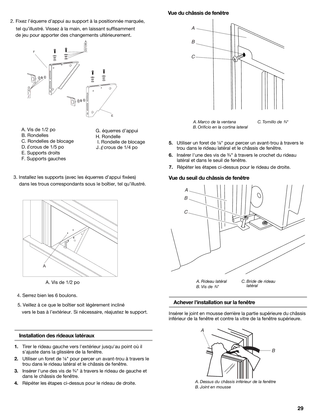 Haier CWH12A, CWH18A manual Vue du châssis de fenêtre, Installation des rideaux latéraux, Vue du seuil du châssis de fenêtre 