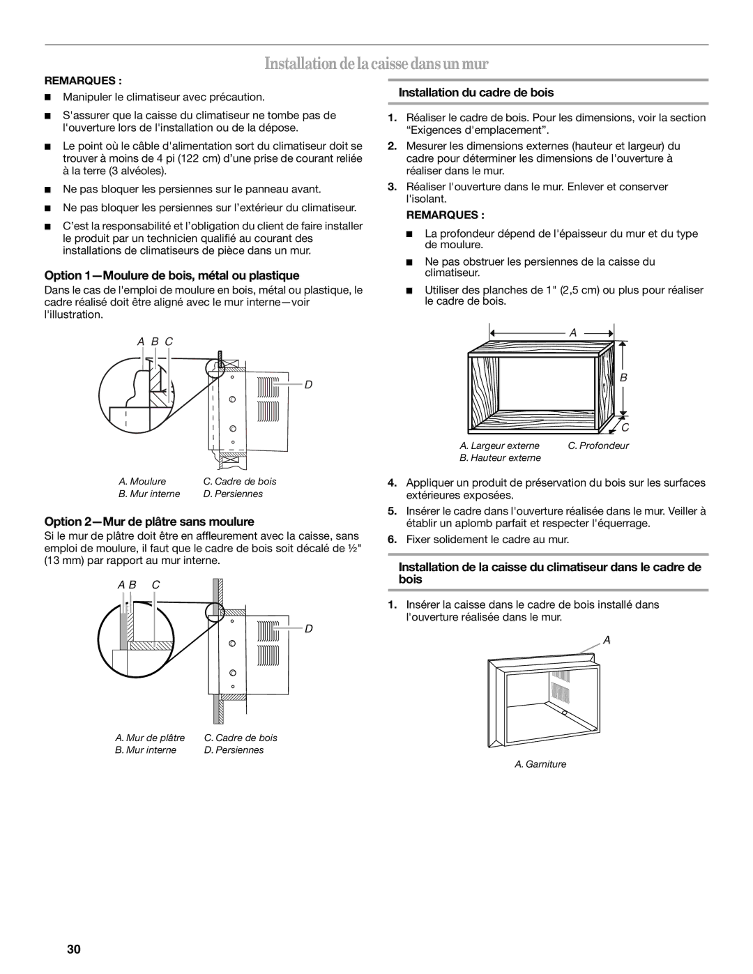 Haier CWH18A, CWH12A, CWH24A manual Installation de la caisse dansun mur, Option 1-Moulure de bois, métal ou plastique 