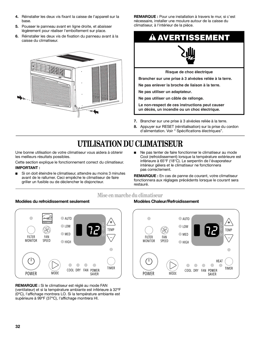 Haier CWH12A, CWH18A manual Utilisation DU Climatiseur, Mise en marche du climatiseur, Modèles du refroidissement seulement 