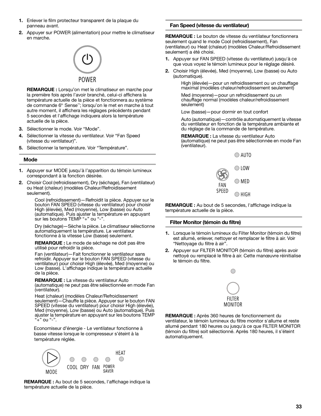 Haier CWH18A, CWH12A, CWH24A manual Fan Speed vitesse du ventilateur, Mode, Filter Monitor témoin du filtre 