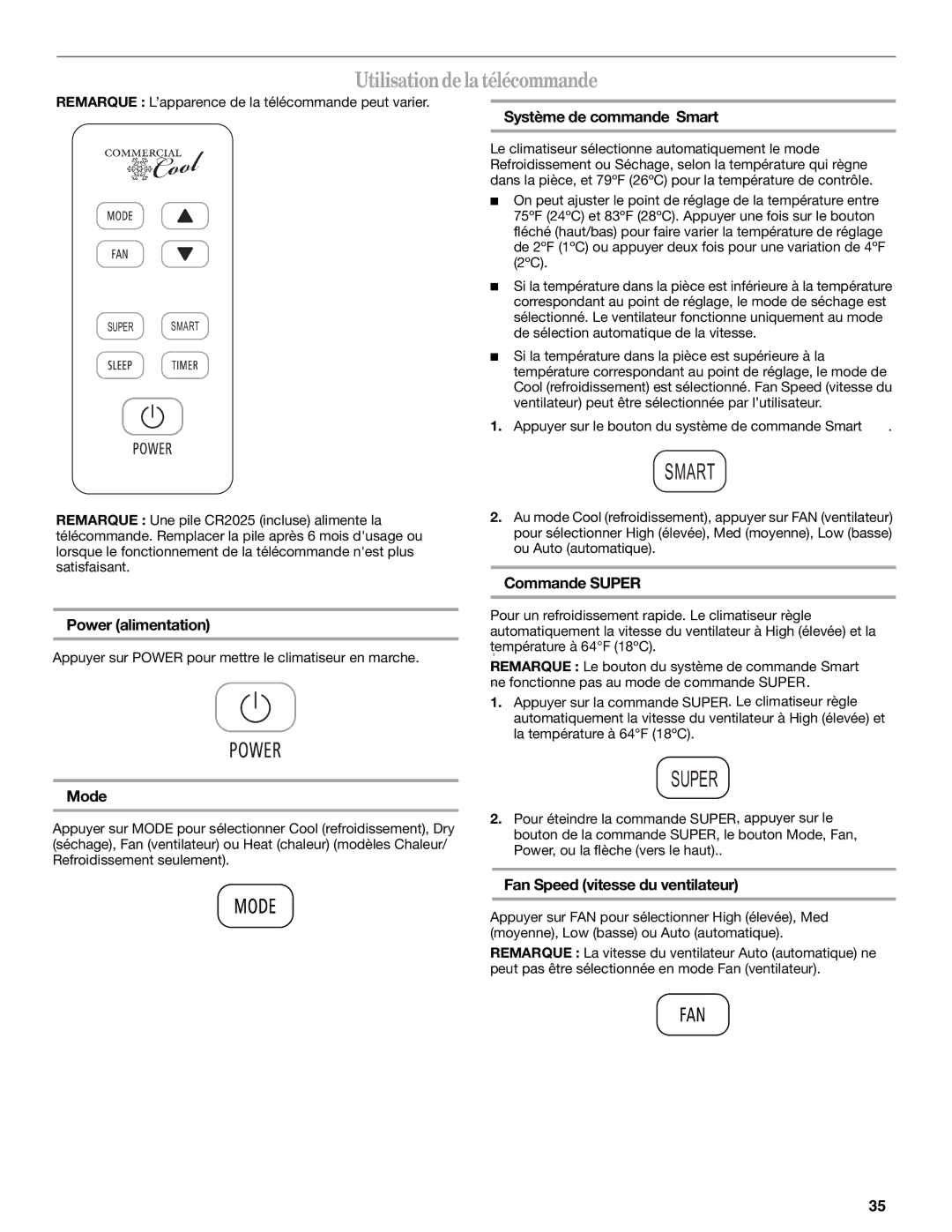 Haier CWH12A, CWH18A, CWH24A Utilisationde la télécommande, Système de commande Smart, Power alimentation, Commande Super 