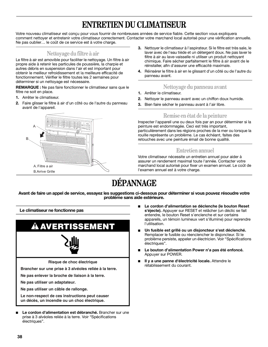 Haier CWH12A, CWH18A, CWH24A manual Entretien DU Climatiseur, Dépannage 