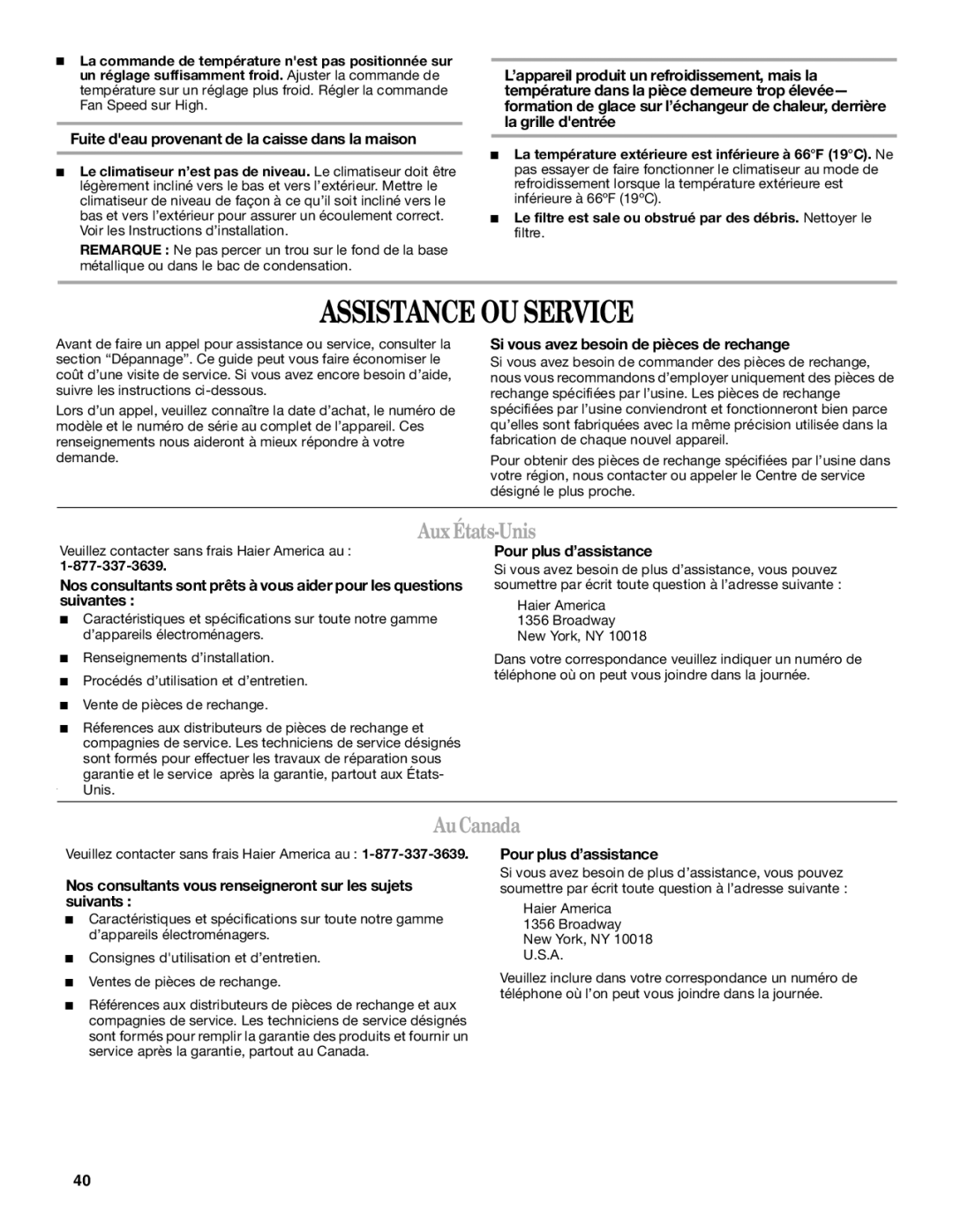 Haier CWH24A, CWH12A, CWH18A manual Assistance OU Service, AuxÉtats-Unis, AuCanada 