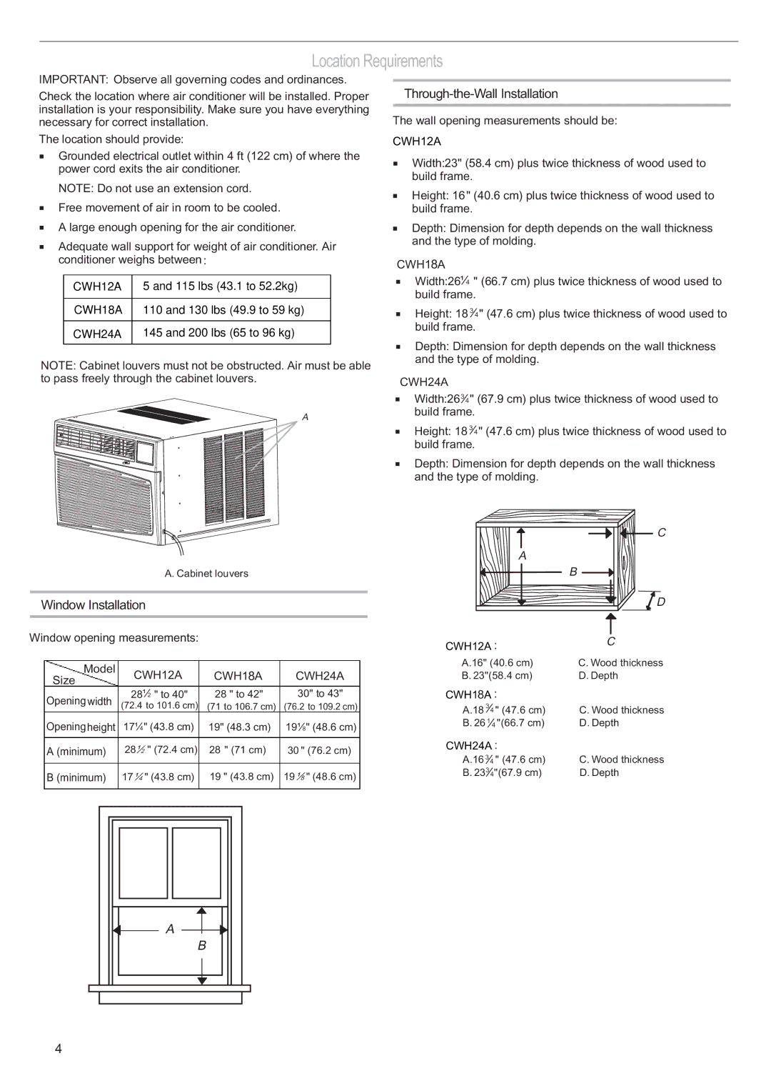 Haier CWH24A, CWH12A, CWH18A manual Location Requirements, Window Installation 