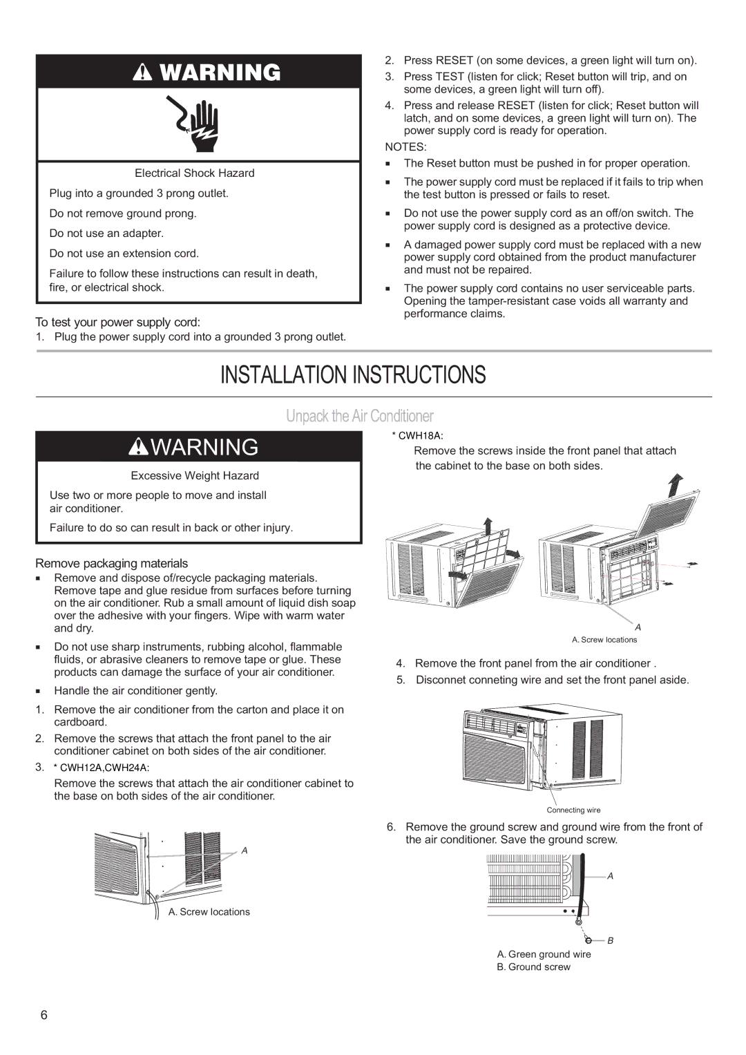 Haier CWH18A, CWH12A, CWH24A manual Unpack the Air Conditioner, To test your power supply cord, Remove packaging materials 