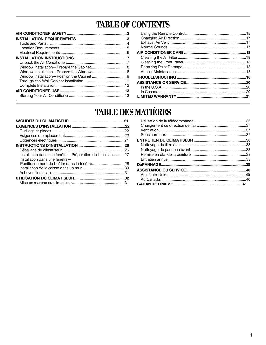 Haier CWH24A, CWH12A, CWH18A manual Table Of Contents, Table Des Matières 
