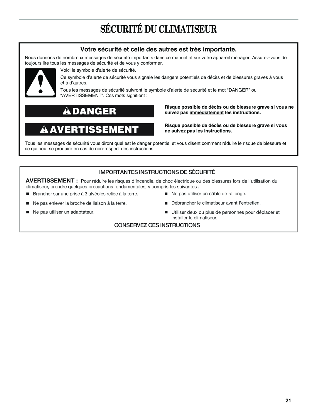 Haier CWH18A, CWH12A, CWH24A manual Sécurité Du Climatiseur, Danger Avertissement, Importantes Instructions De Sécurité 