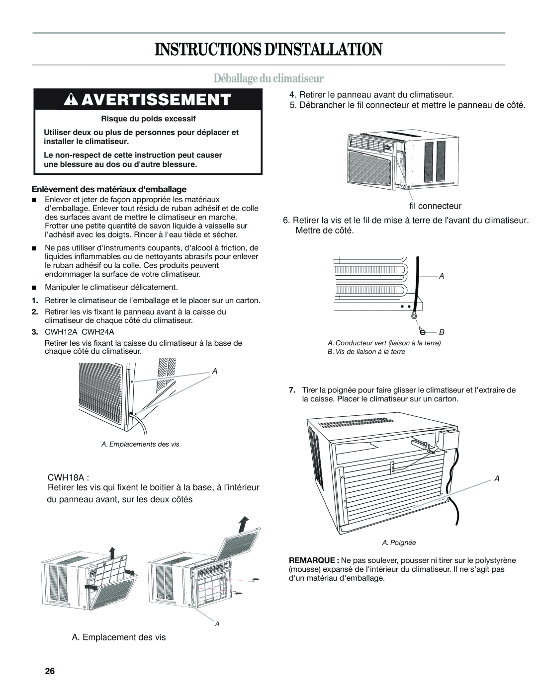 Haier CWH12A Instructions Dinstallation, Déballage du climatiseur, Avertissement, Enlèvement des matériaux demballage 