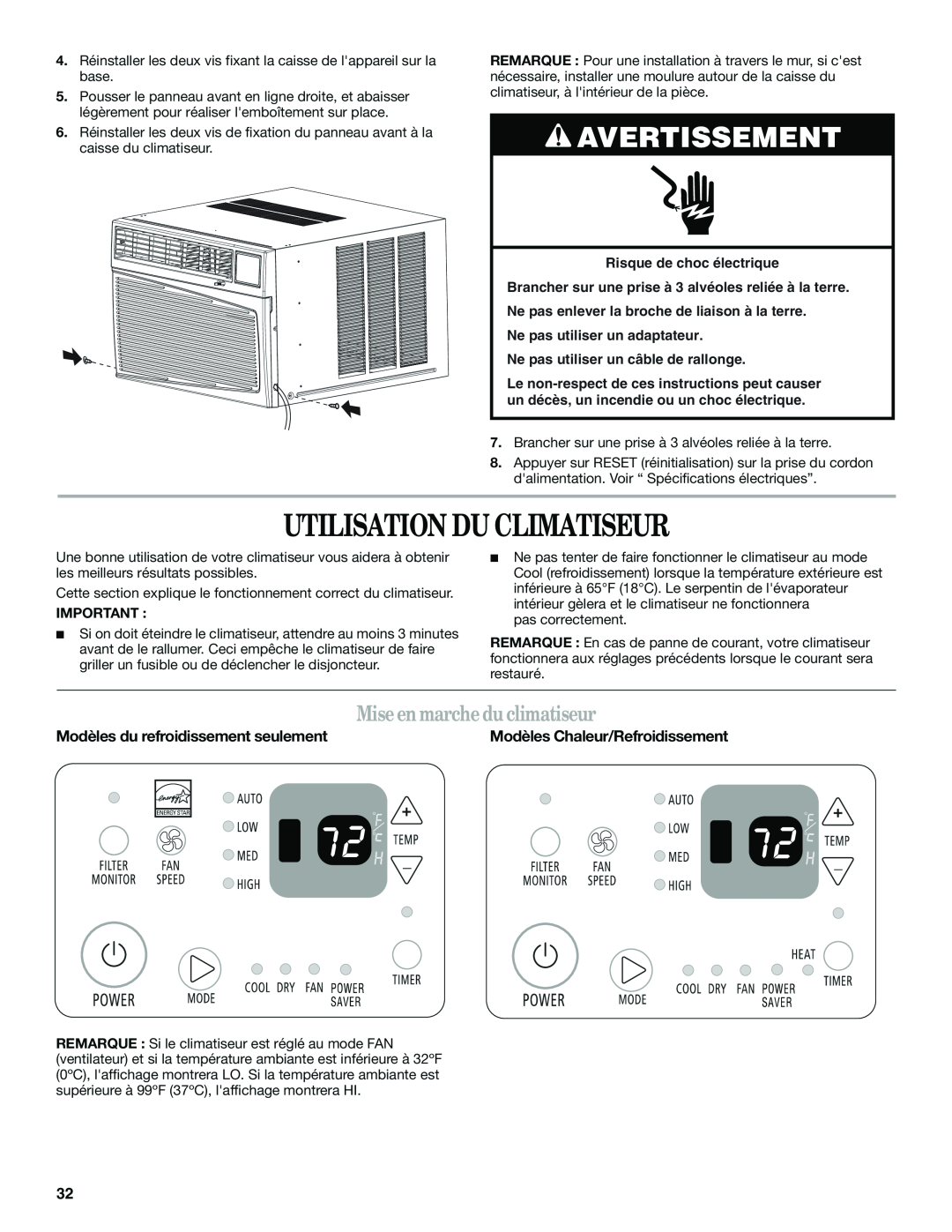 Haier CWH12A manual Utilisation Du Climatiseur, Mise en marche du climatiseur, Avertissement, Ne pas utiliser un adaptateur 
