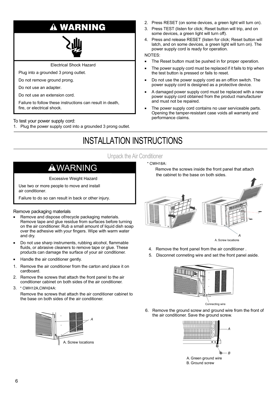 Haier CWH18A, CWH12A, CWH24A manual Installation Instructions, Unpack the Air Conditioner, To test your power supply cord 
