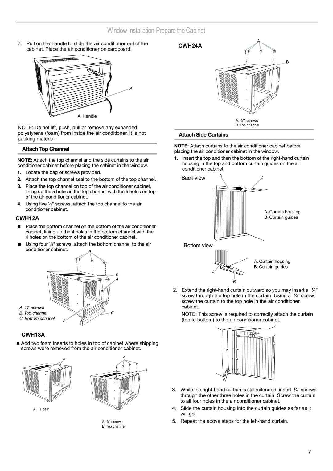 Haier CWH24A manual Window Installation-Preparethe Cabinet, Back view, CWH12A, CWH18A, Bottom view 