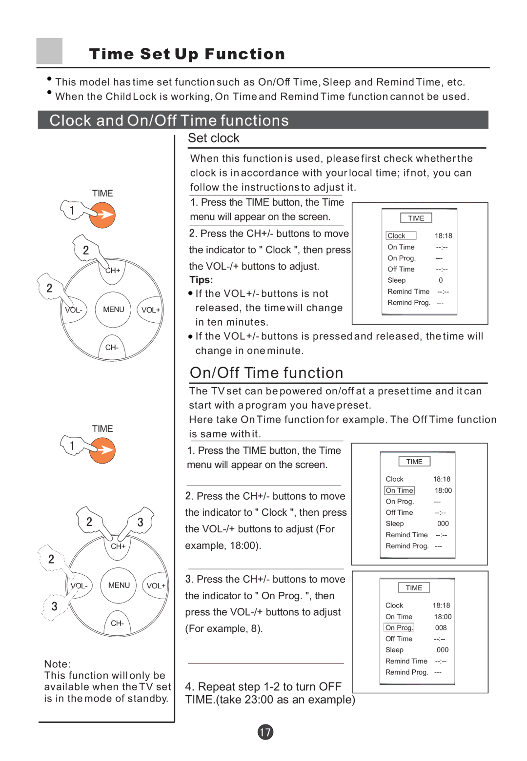 Haier D29FV6-A, D29FV6, D34FV6-A, D34FV6 owner manual Time Set Up Function, Clock and On/Off Time functions, Set clock 