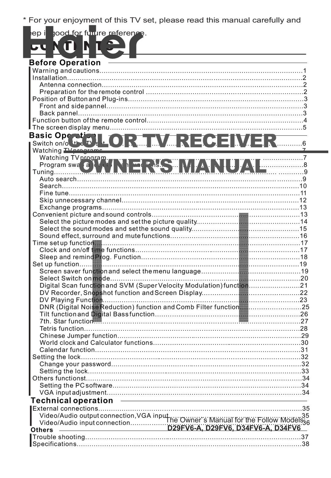 Haier D29FV6-A, D29FV6, D34FV6-A, D34FV6 owner manual Contents 