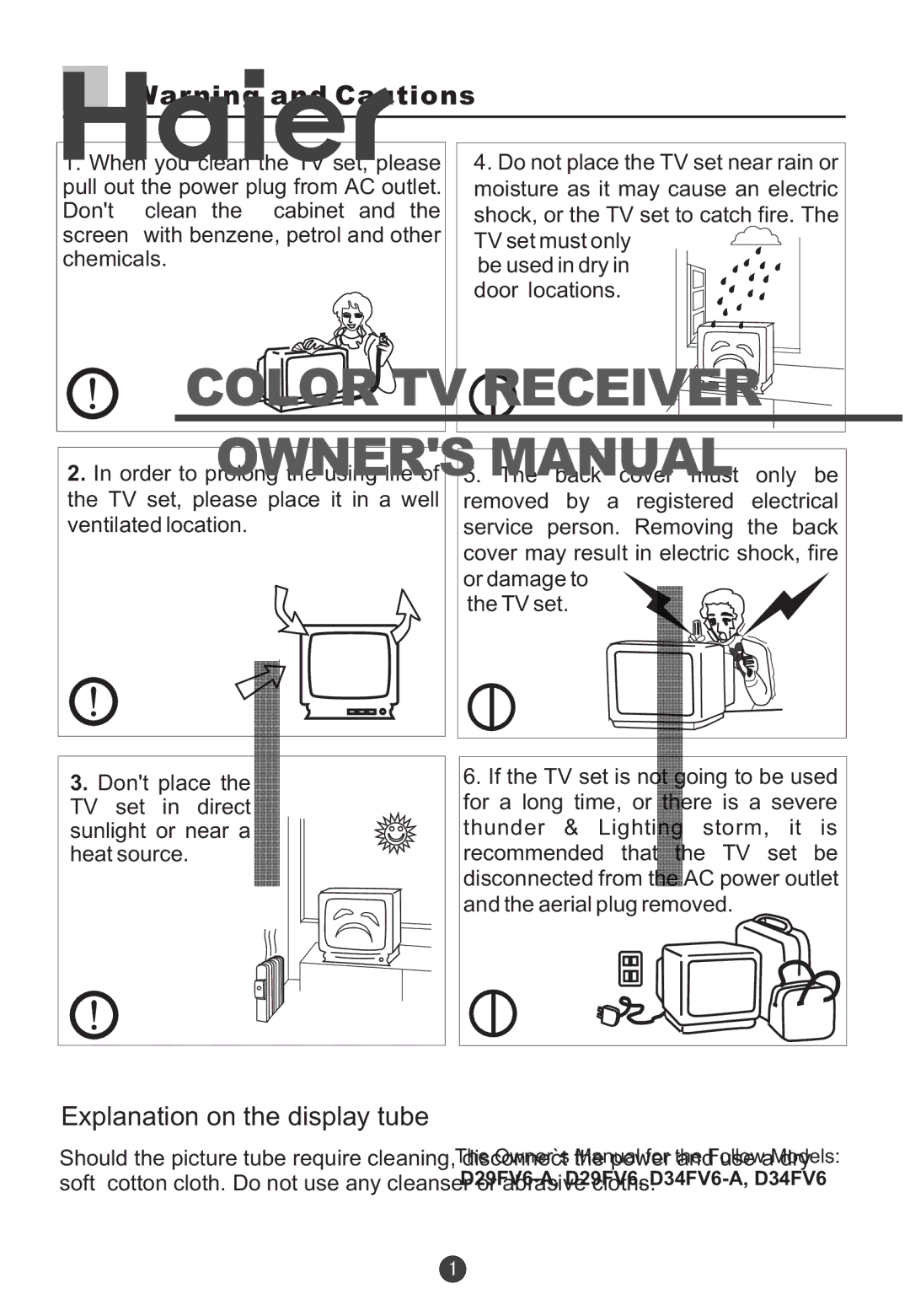 Haier D29FV6-A, D29FV6, D34FV6-A, D34FV6 owner manual Explanation on the display tube 