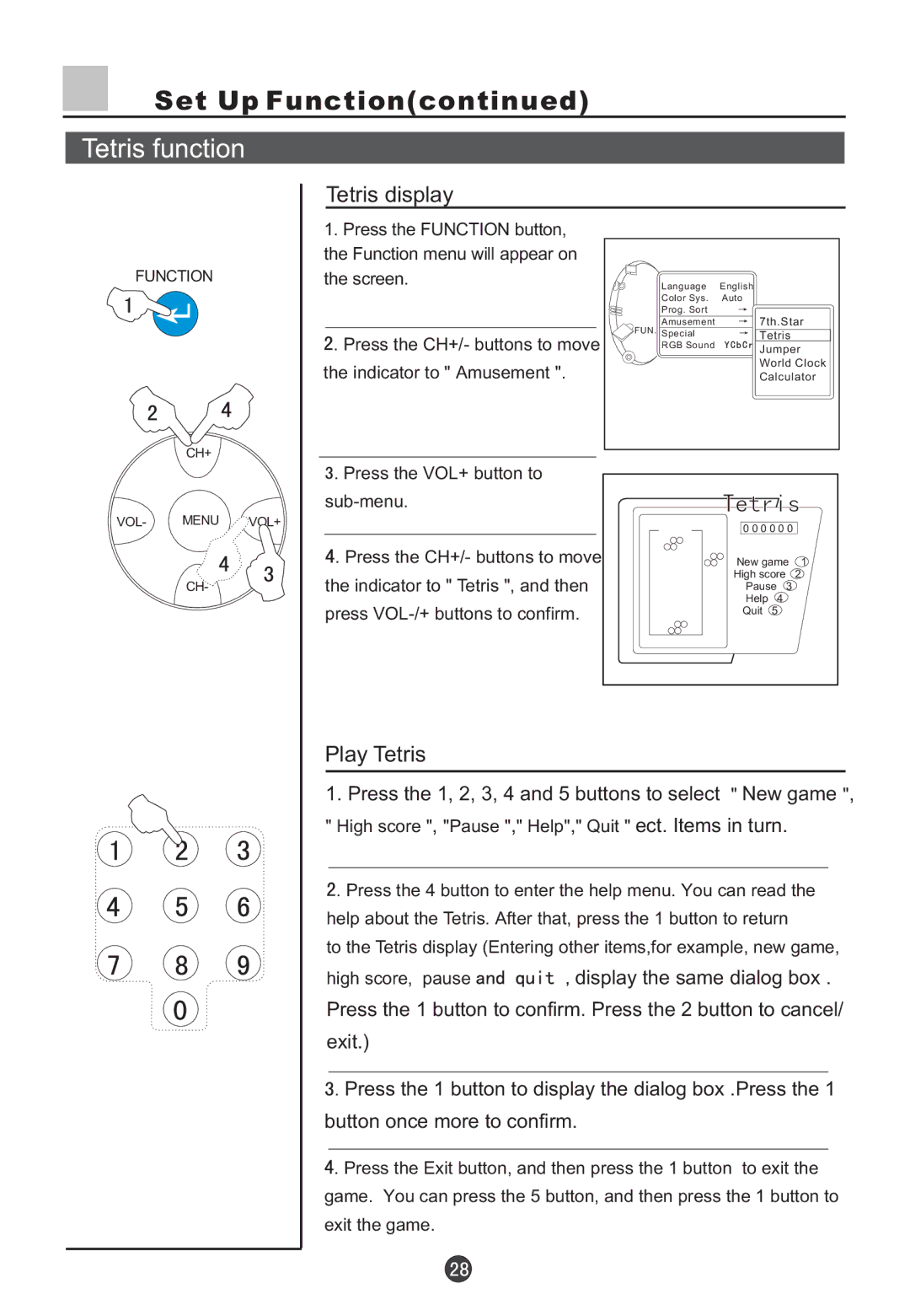 Haier D29FV6-A, D29FV6, D34FV6-A, D34FV6 owner manual Tetris function, Tetris display, Play Tetris 