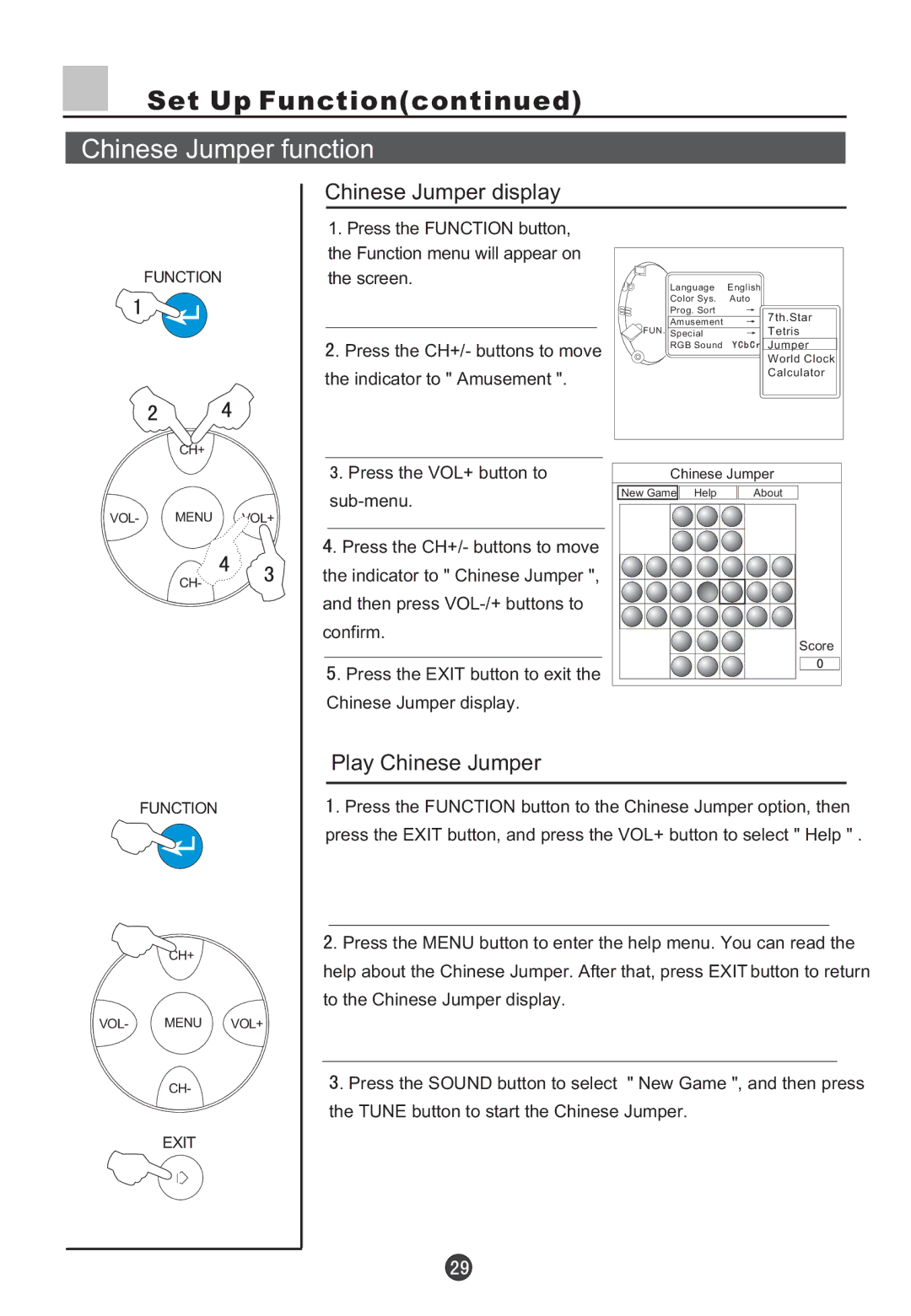 Haier D29FV6-A, D29FV6, D34FV6-A, D34FV6 owner manual Chinese Jumper function, Chinese Jumper display, Play Chinese Jumper 