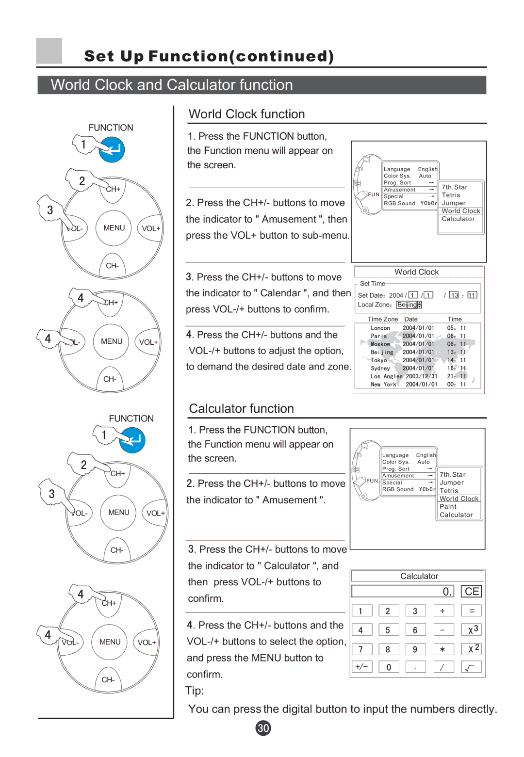 Haier D29FV6-A, D29FV6, D34FV6-A, D34FV6 owner manual World Clock and Calculator function, World Clock function 