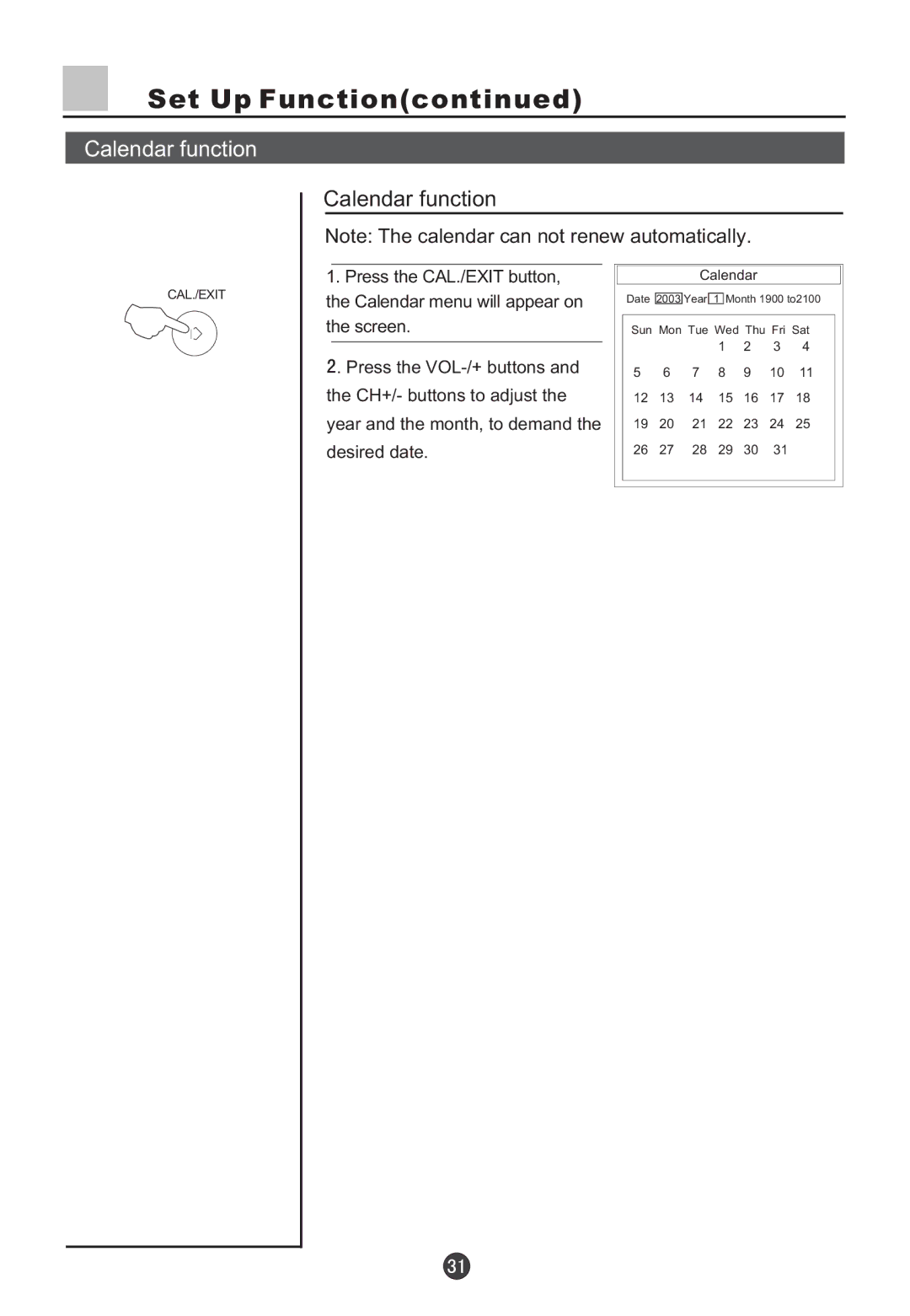 Haier D29FV6-A, D29FV6, D34FV6-A, D34FV6 owner manual Calendar function 