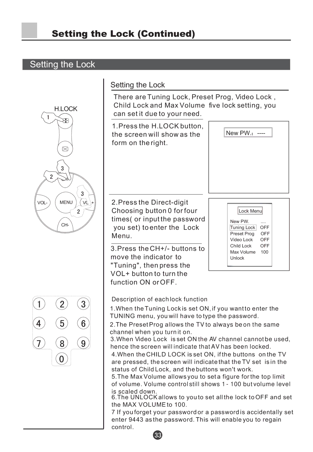 Haier D29FV6-A, D29FV6, D34FV6-A, D34FV6 owner manual Setting the Lock, Form on the right 