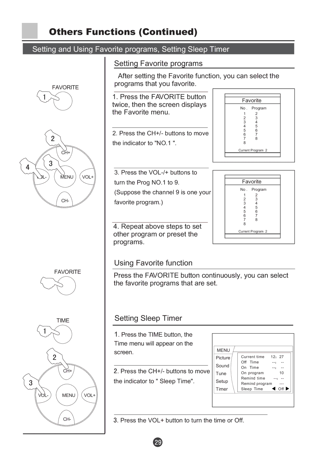 Haier D34FA9-AK, D29FA9-A owner manual Setting Favorite programs, Using Favorite function, Setting Sleep Timer 