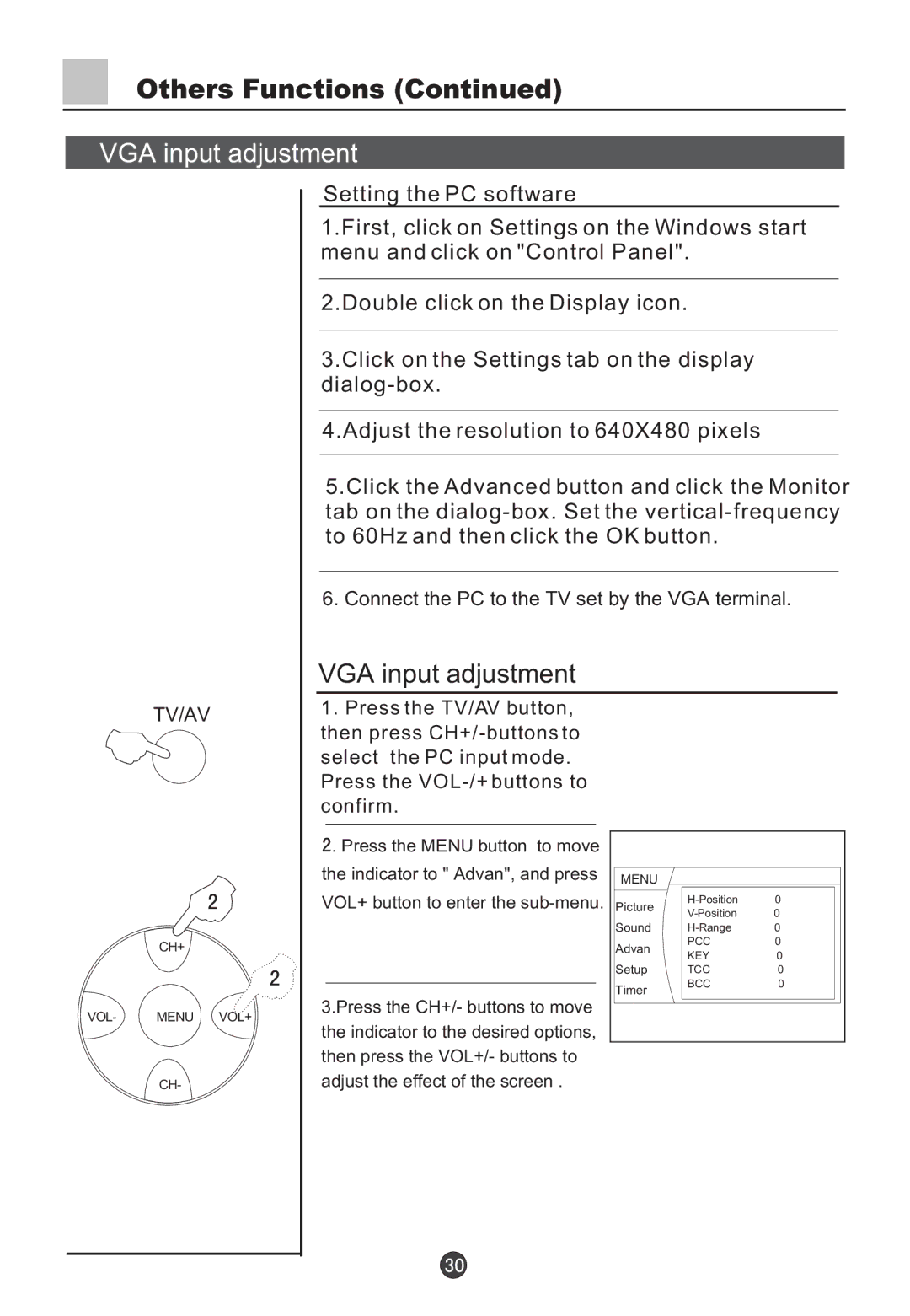 Haier D34FA9-AK, D29FA9-A owner manual VGA input adjustment, Connect the PC to the TV set by the VGA terminal 