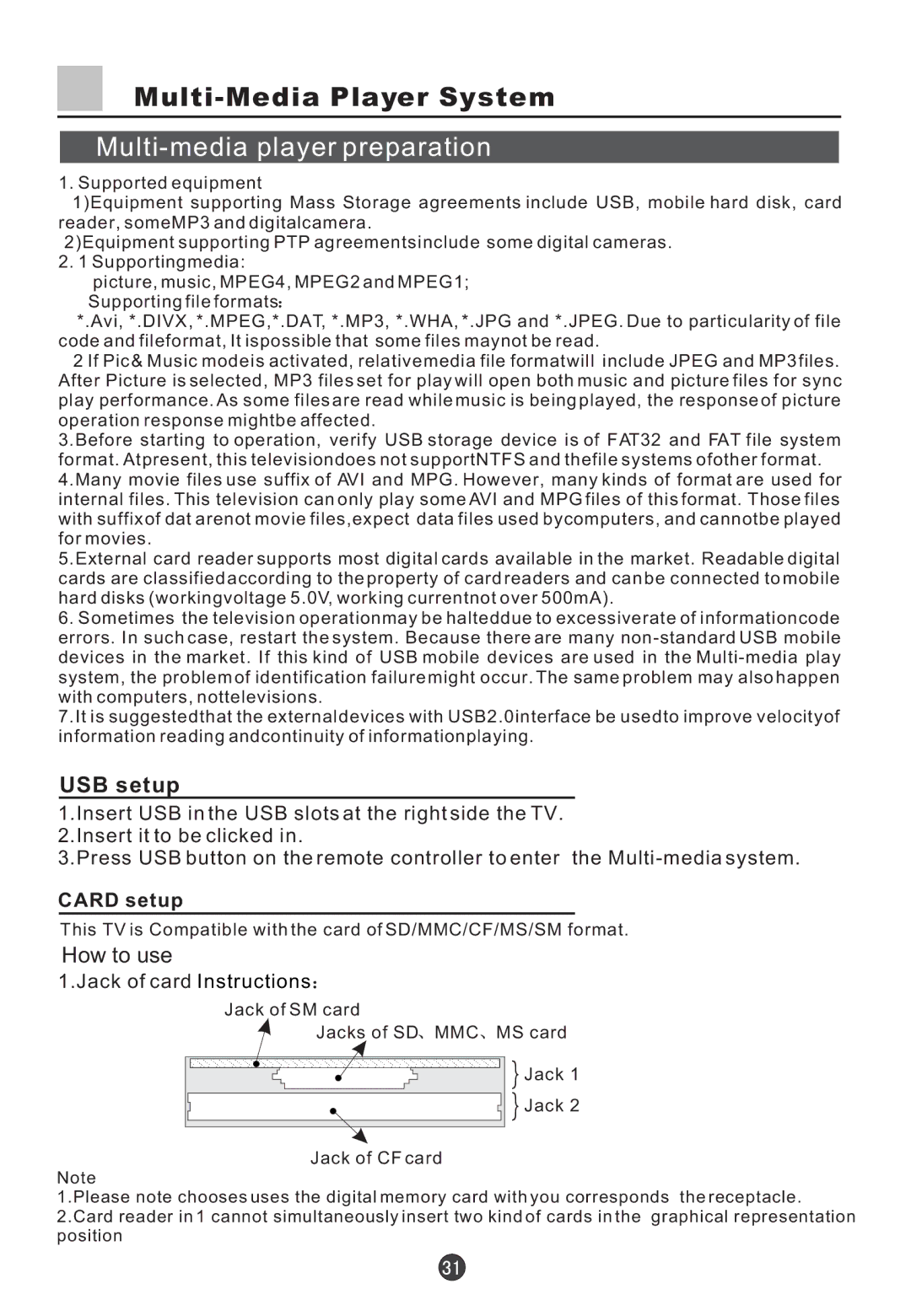 Haier D29FA9-A, D34FA9-AK Multi-Media Player System, Multi-media player preparation, How to use, Jack of card Instructions 