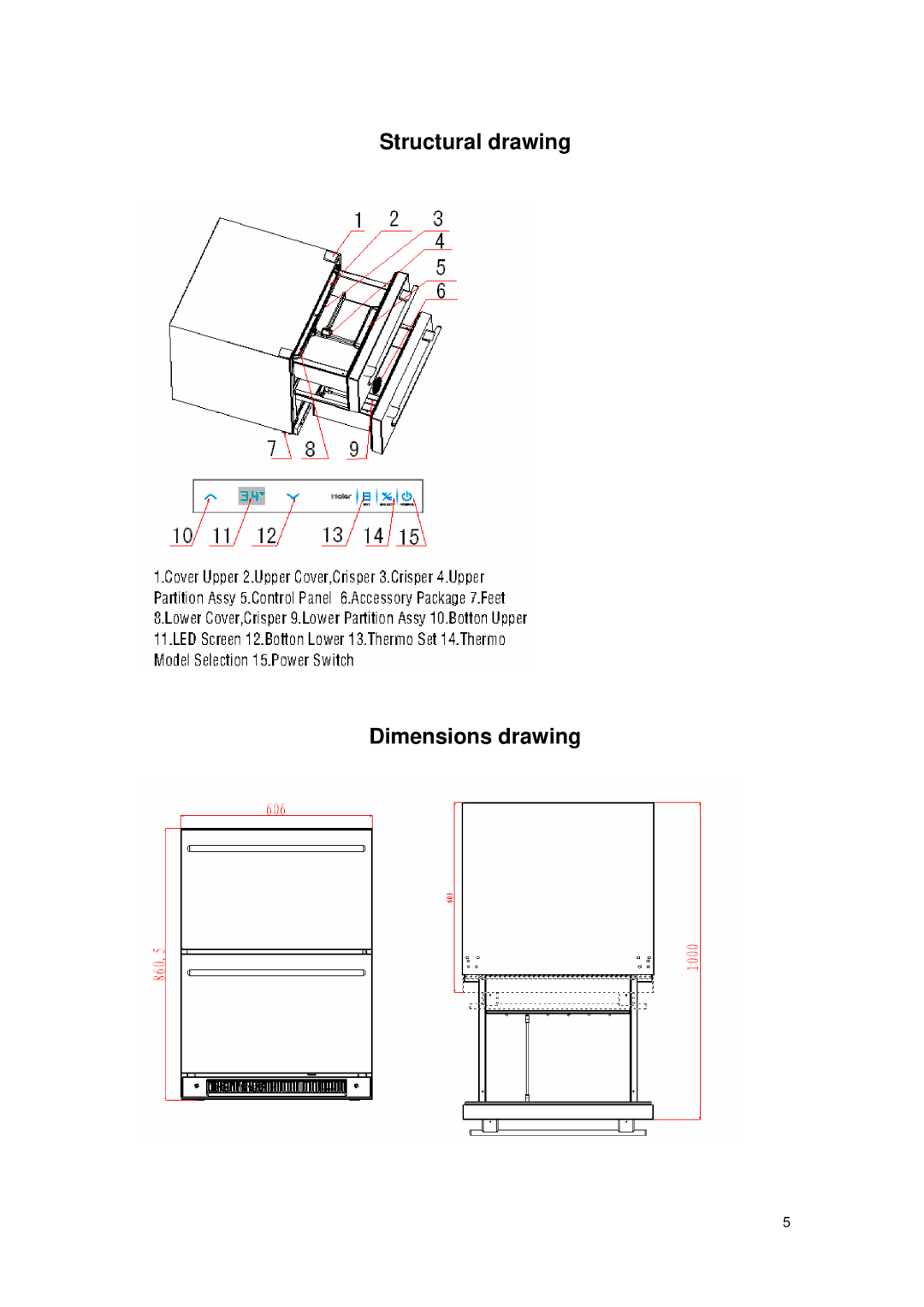 Haier DD400R*, DD350RB, DD300RW, DD450R* manual Structural drawing Dimensions drawing 