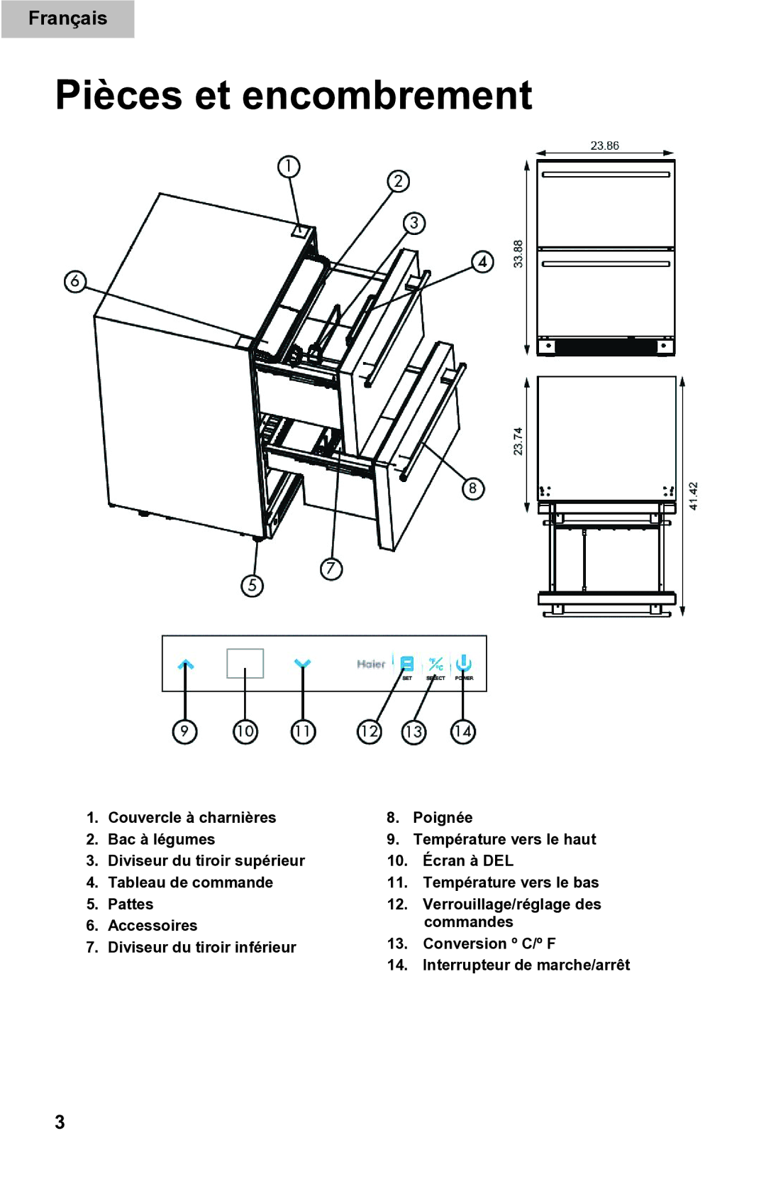 Haier DD400RS manual Pièces et encombrement 