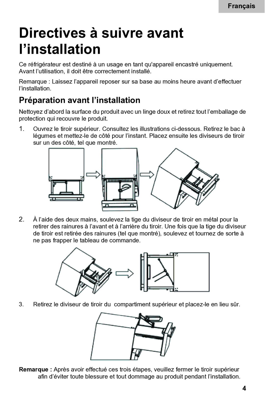 Haier DD400RS manual Directives à suivre avant l’installation, Préparation avant l’installation 