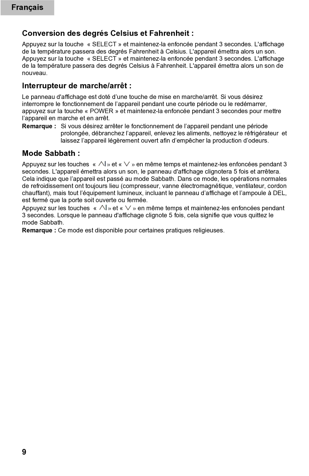 Haier DD400RS manual Français Conversion des degrés Celsius et Fahrenheit, Interrupteur de marche/arrêt, Mode Sabbath 