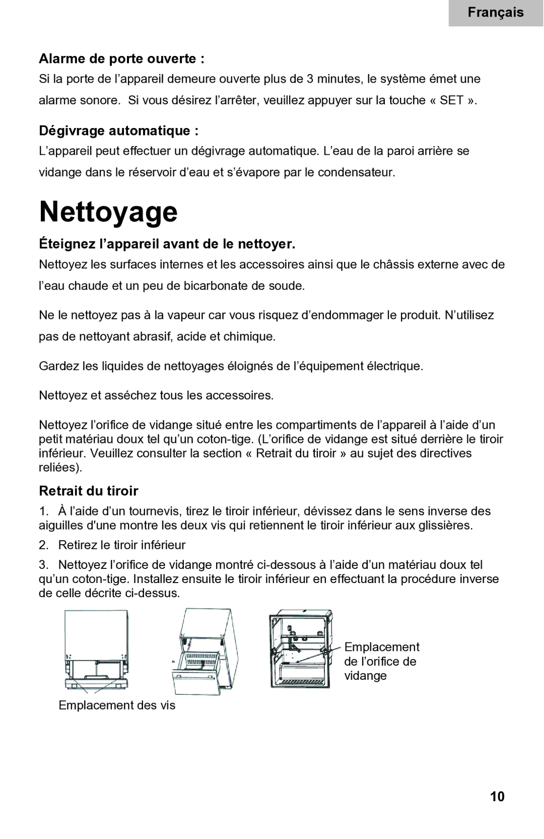 Haier DD400RS Nettoyage, Français Alarme de porte ouverte, Dégivrage automatique, Éteignez l’appareil avant de le nettoyer 