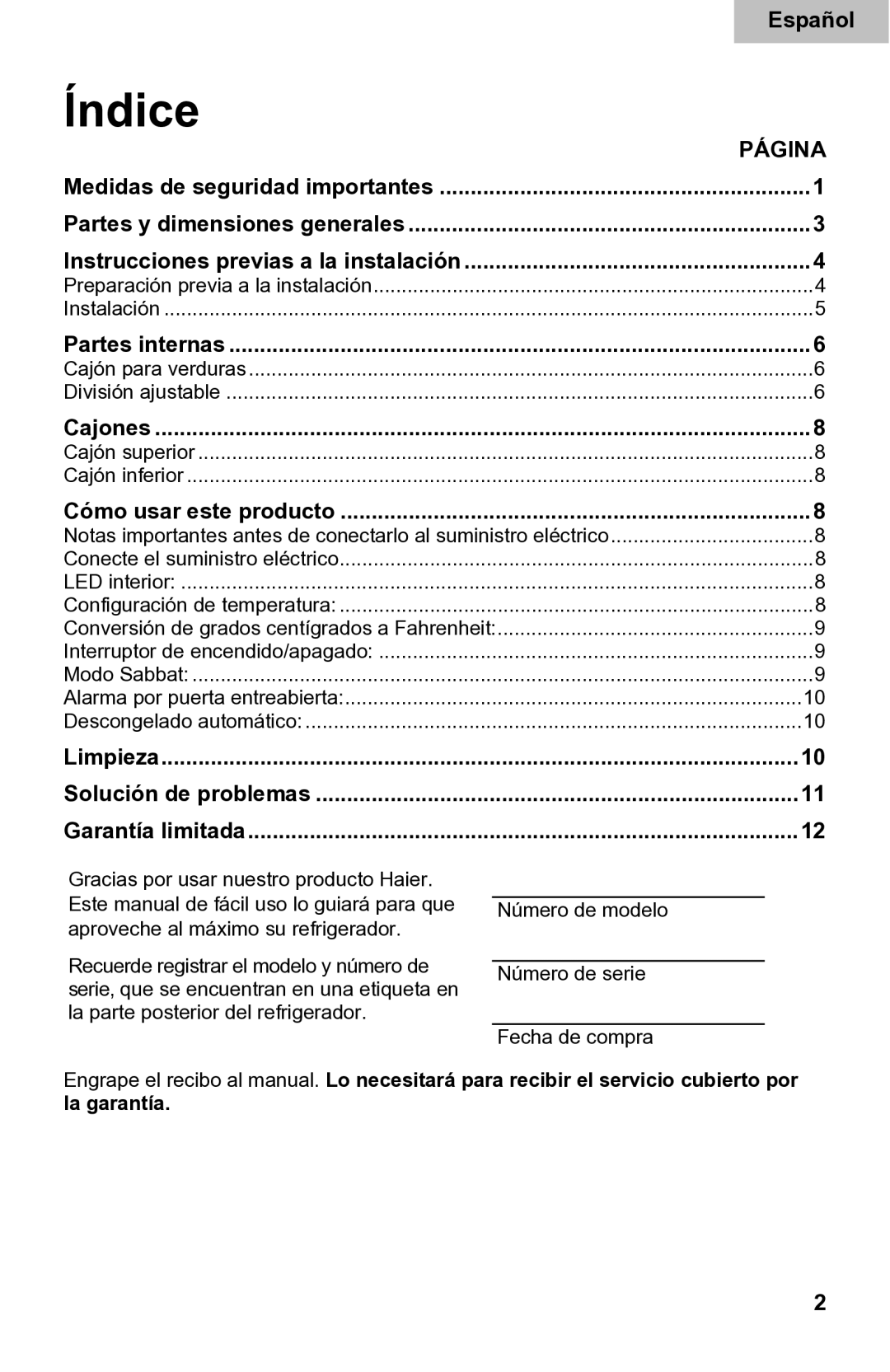 Haier DD400RS Índice, Partes internas, Cajones, Cómo usar este producto, Limpieza Solución de problemas Garantía limitada 