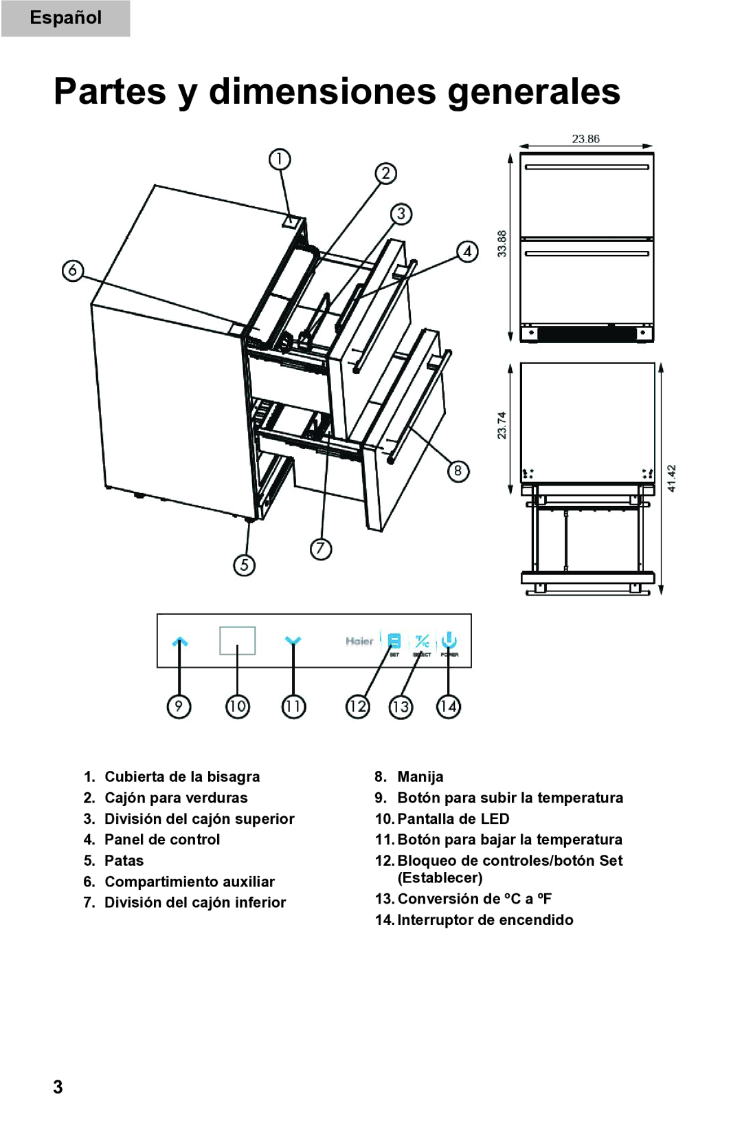 Haier DD400RS manual Partes y dimensiones generales 