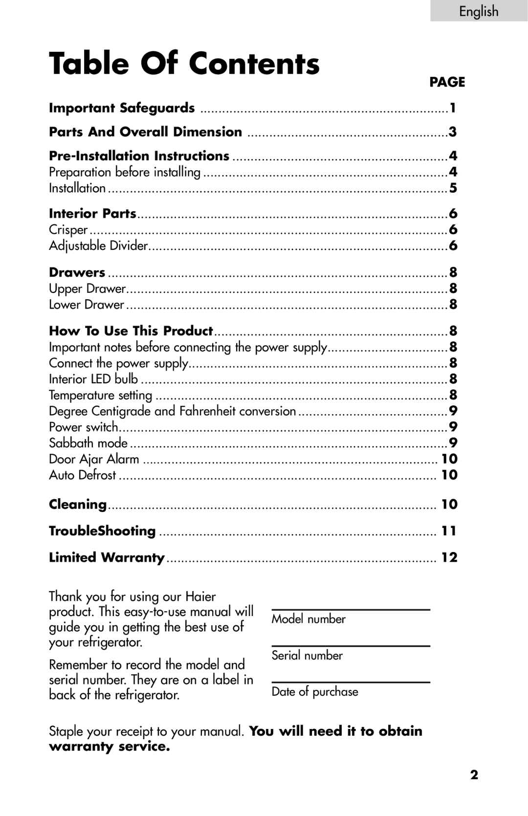 Haier DD400RS manual Table Of Contents 