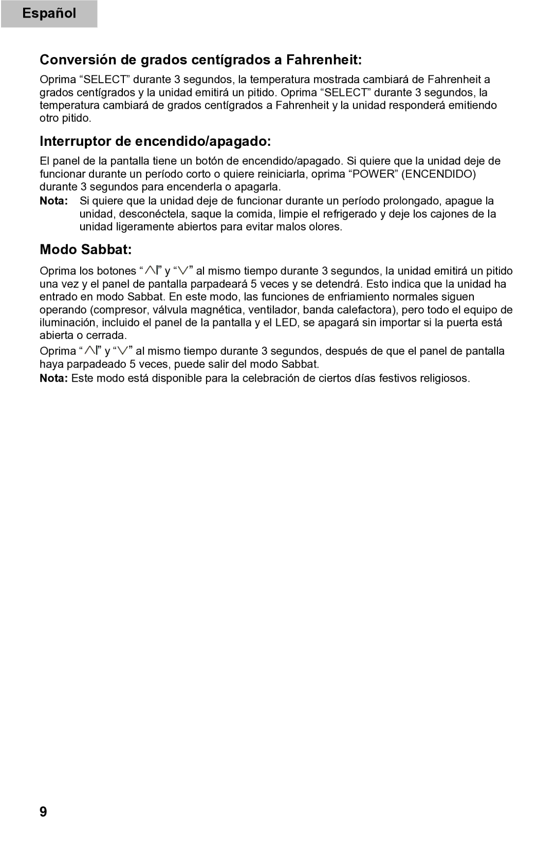 Haier DD400RS manual Español Conversión de grados centígrados a Fahrenheit, Interruptor de encendido/apagado, Modo Sabbat 