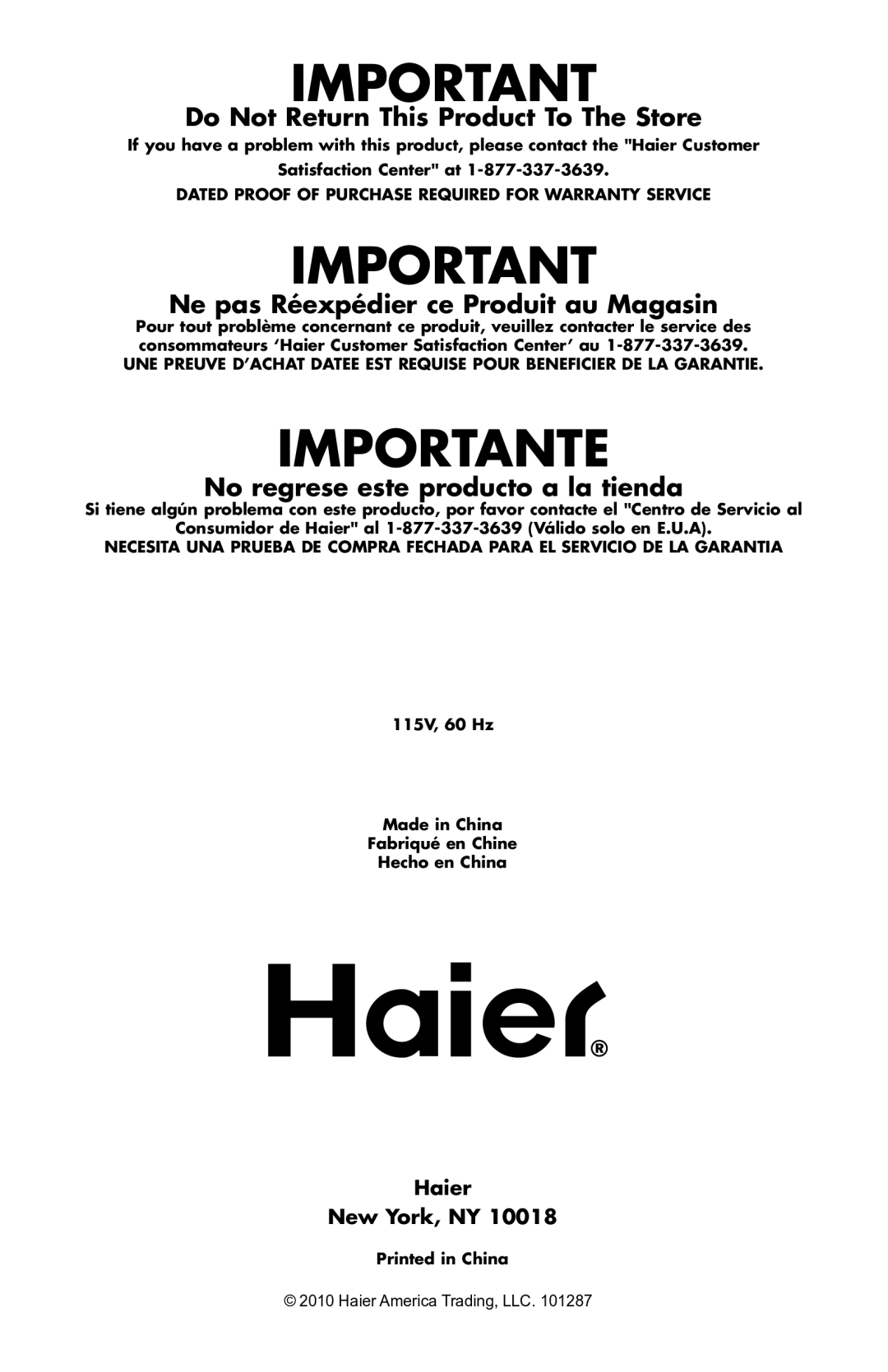 Haier DD400RS manual Do Not Return This Product To The Store, Haier New York, NY 