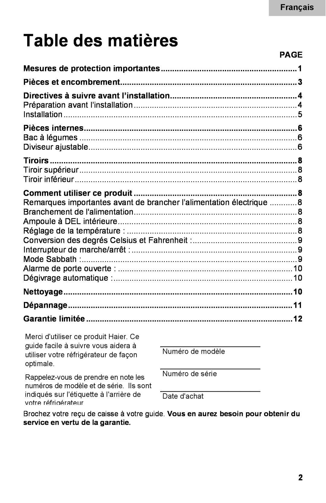Haier DD400RS manual Table des matières, Français, Page, Mesures de protection importantes, Pièces et encombrement, Tiroirs 