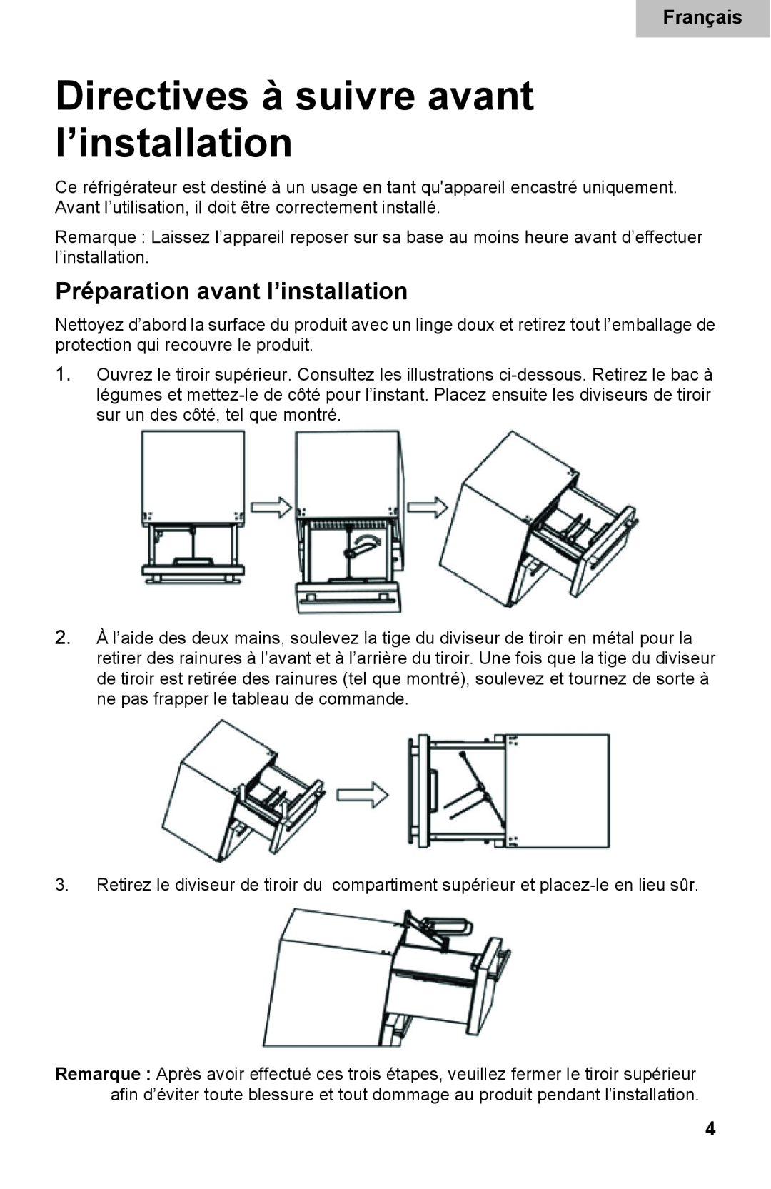 Haier DD400RS manual Directives à suivre avant l’installation, Préparation avant l’installation, Français 