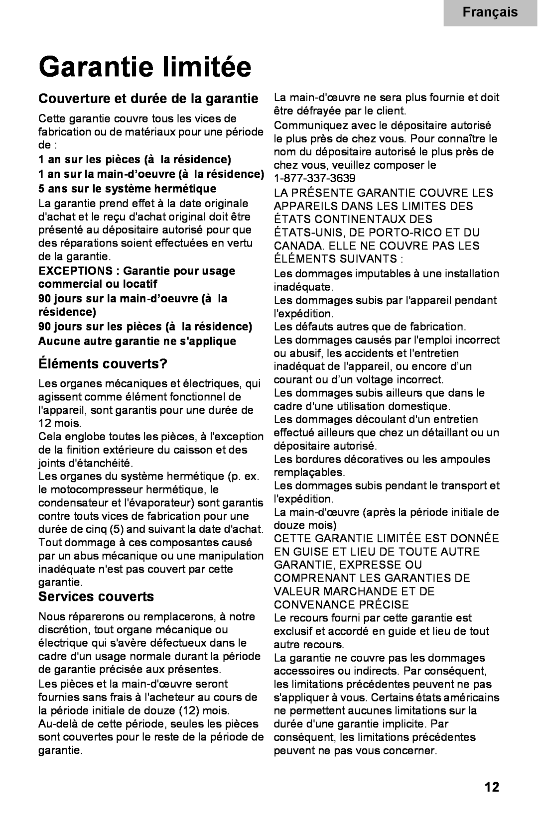 Haier DD400RS manual Garantie limitée, Couverture et durée de la garantie, Éléments couverts?, Services couverts, Français 